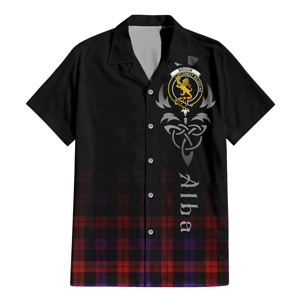 Tartan Vibes Clothing Broun Modern Tartan Short Sleeve Button Up Featuring Alba Gu Brath Family Crest Celtic Inspired