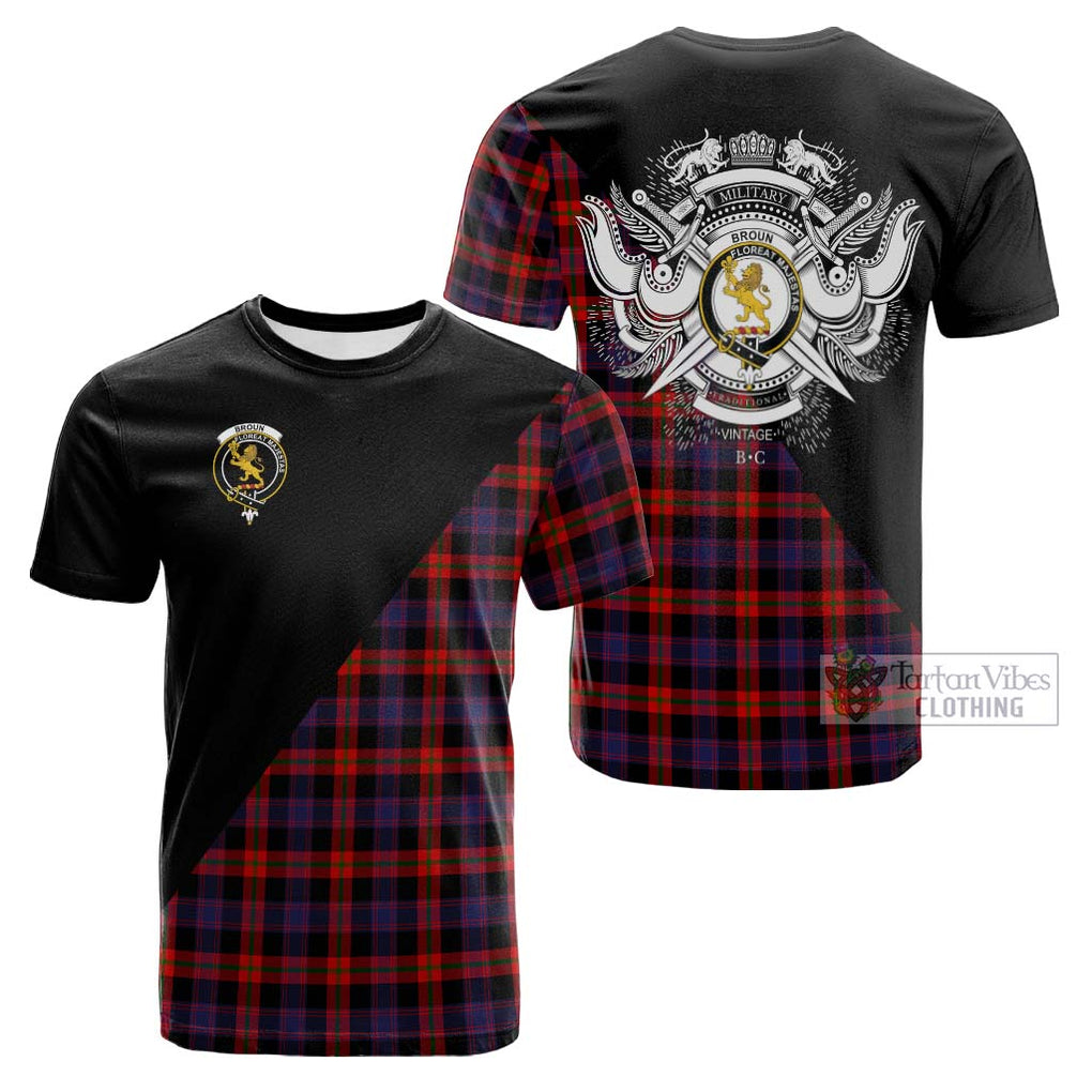 Tartan Vibes Clothing Broun Modern Tartan Cotton T-shirt with Family Crest and Military Logo Style