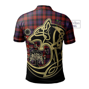 Broun Modern Tartan Polo Shirt with Family Crest Celtic Wolf Style