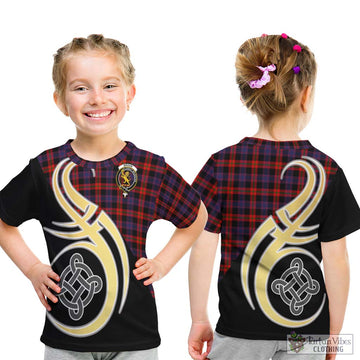 Broun Modern Tartan Kid T-Shirt with Family Crest and Celtic Symbol Style