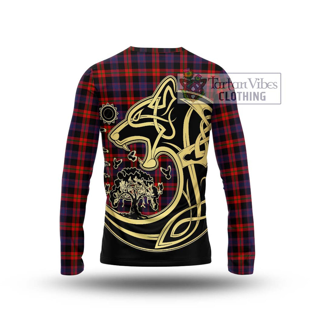 Broun Modern Tartan Long Sleeve T-Shirt with Family Crest Celtic Wolf Style - Tartan Vibes Clothing