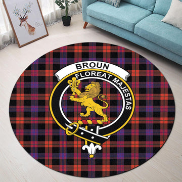 Broun Modern Tartan Round Rug with Family Crest