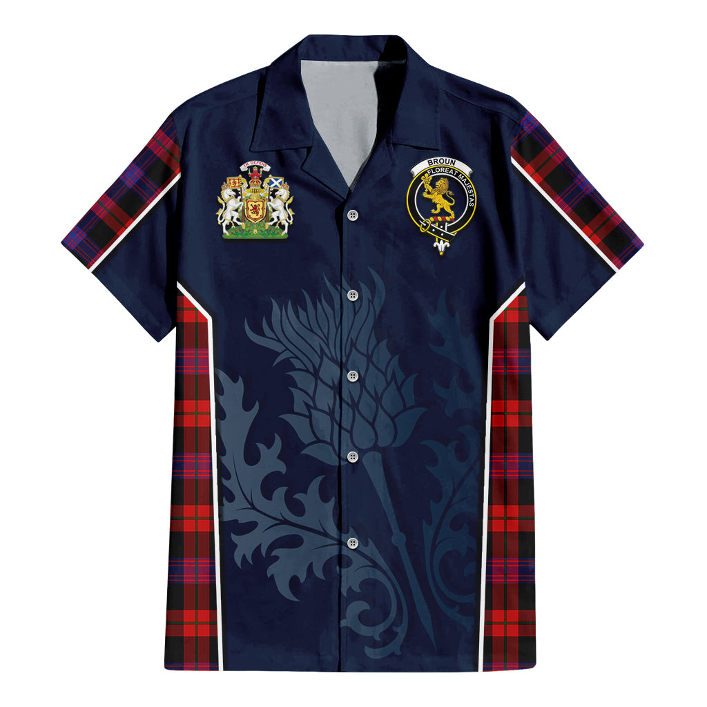 Tartan Vibes Clothing Broun Modern Tartan Short Sleeve Button Up Shirt with Family Crest and Scottish Thistle Vibes Sport Style