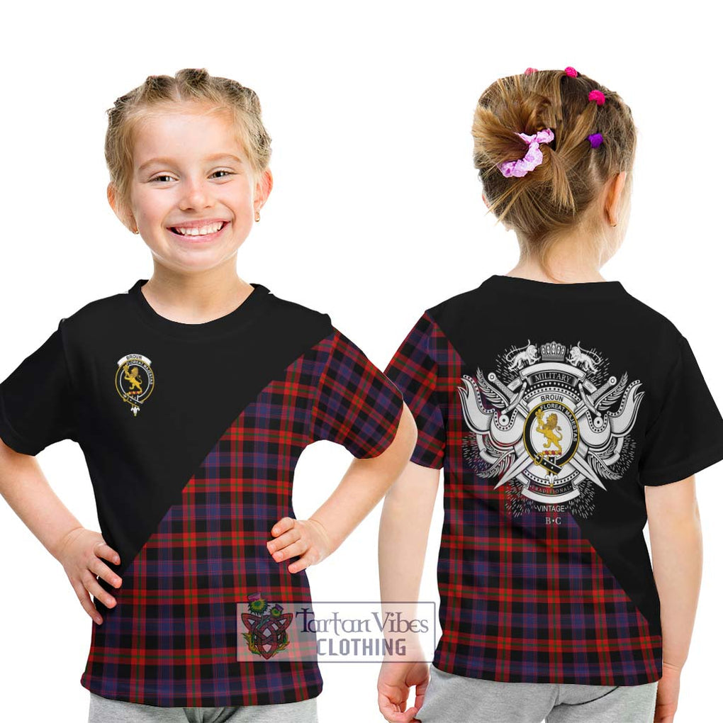 Broun Modern Tartan Kid T-Shirt with Family Crest and Military Logo Style - Tartanvibesclothing Shop