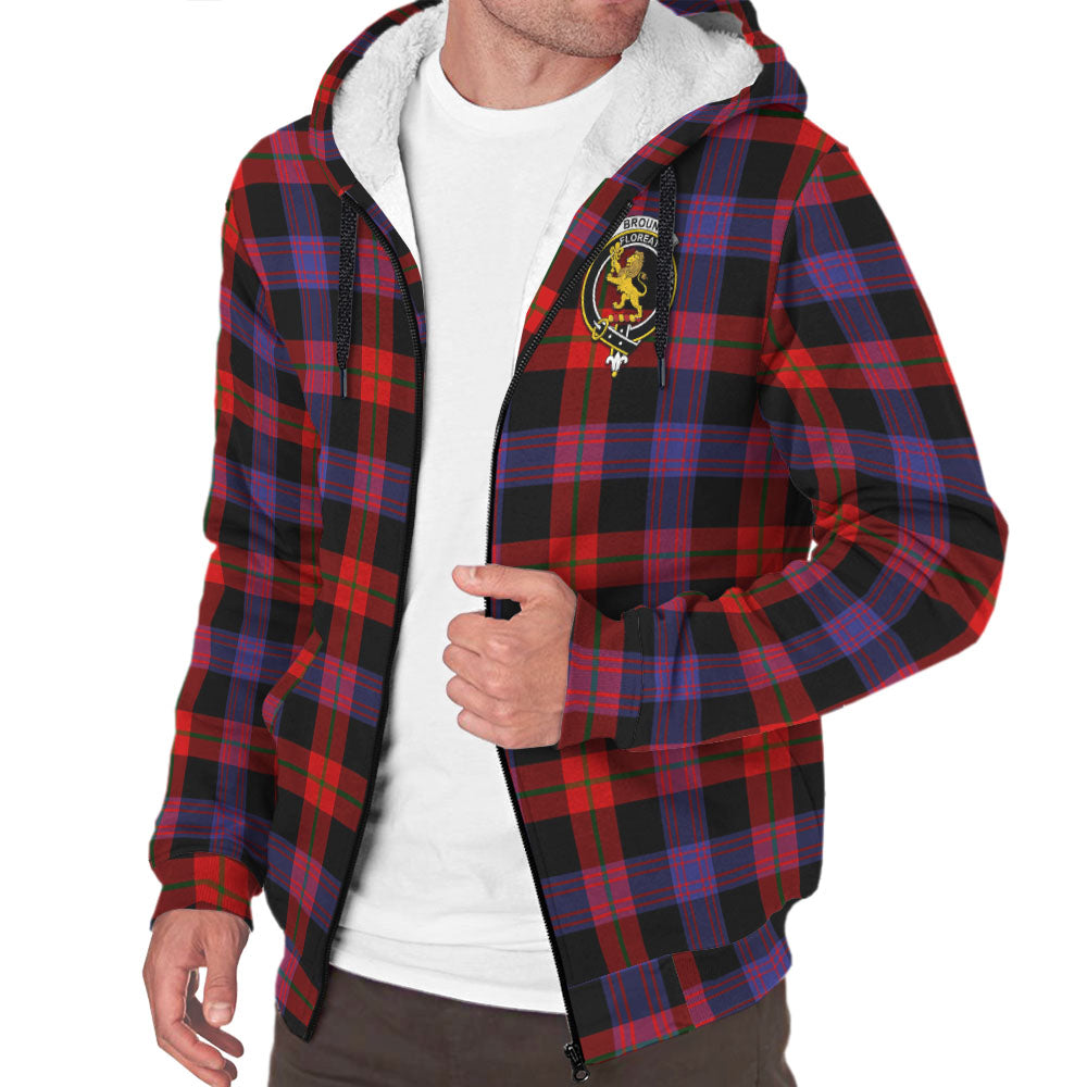 Broun Modern Tartan Sherpa Hoodie with Family Crest - Tartanvibesclothing