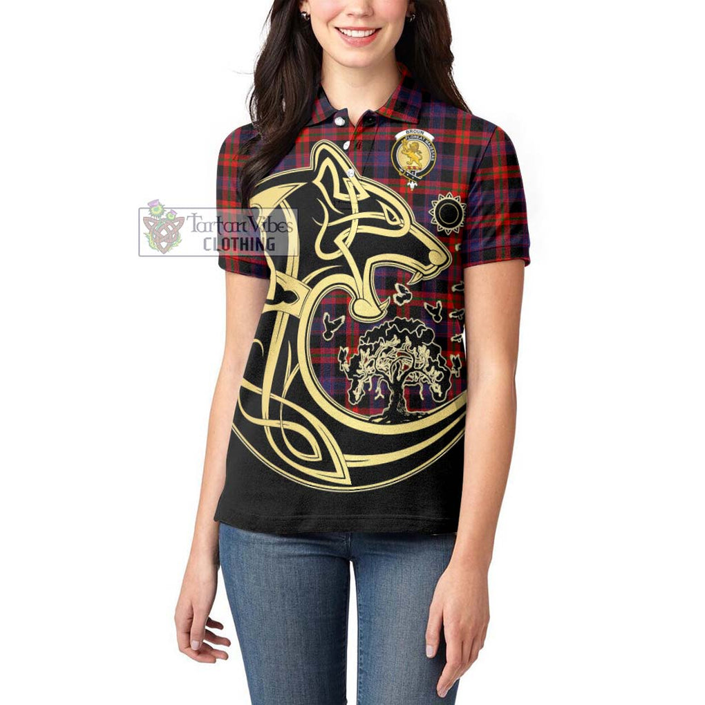 Broun Modern Tartan Women's Polo Shirt with Family Crest Celtic Wolf Style - Tartanvibesclothing Shop