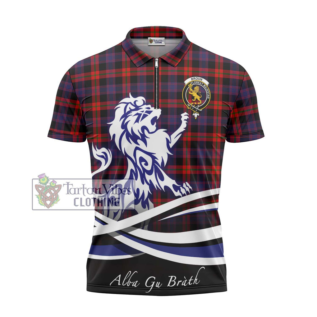 Broun Modern Tartan Zipper Polo Shirt with Alba Gu Brath Regal Lion Emblem - Tartanvibesclothing Shop