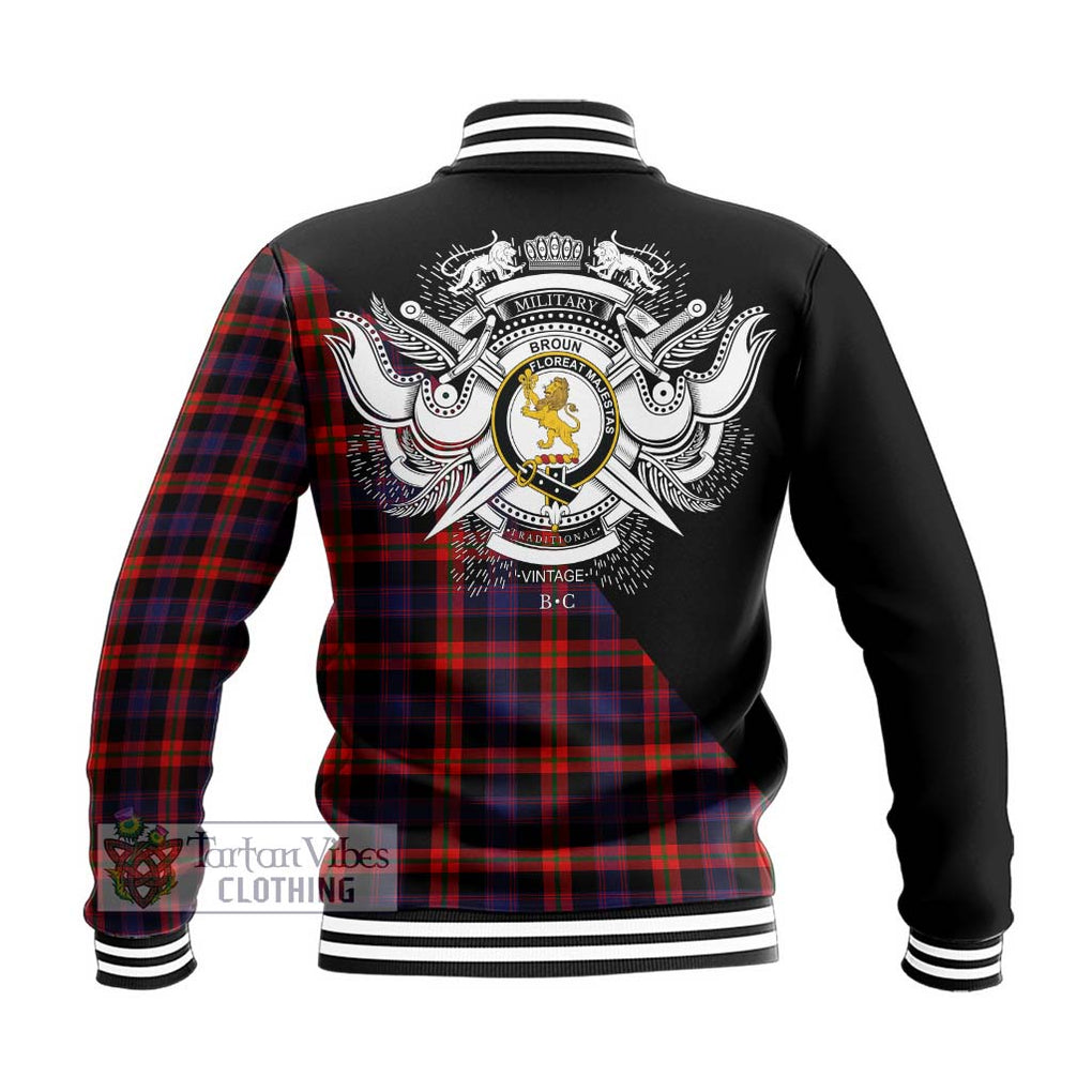 Broun Modern Tartan Baseball Jacket with Family Crest and Military Logo Style - Tartanvibesclothing Shop