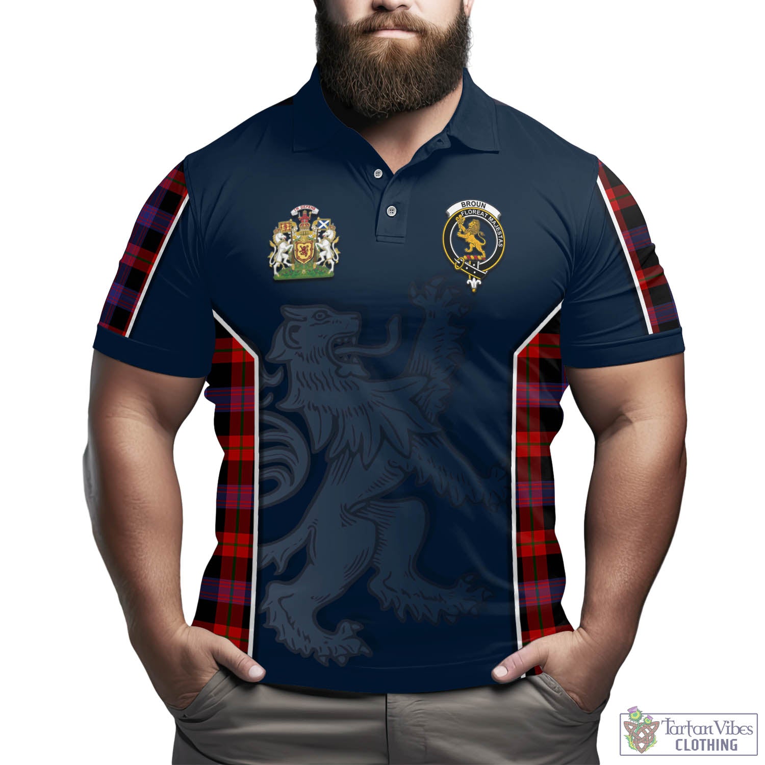 Tartan Vibes Clothing Broun Modern Tartan Men's Polo Shirt with Family Crest and Lion Rampant Vibes Sport Style