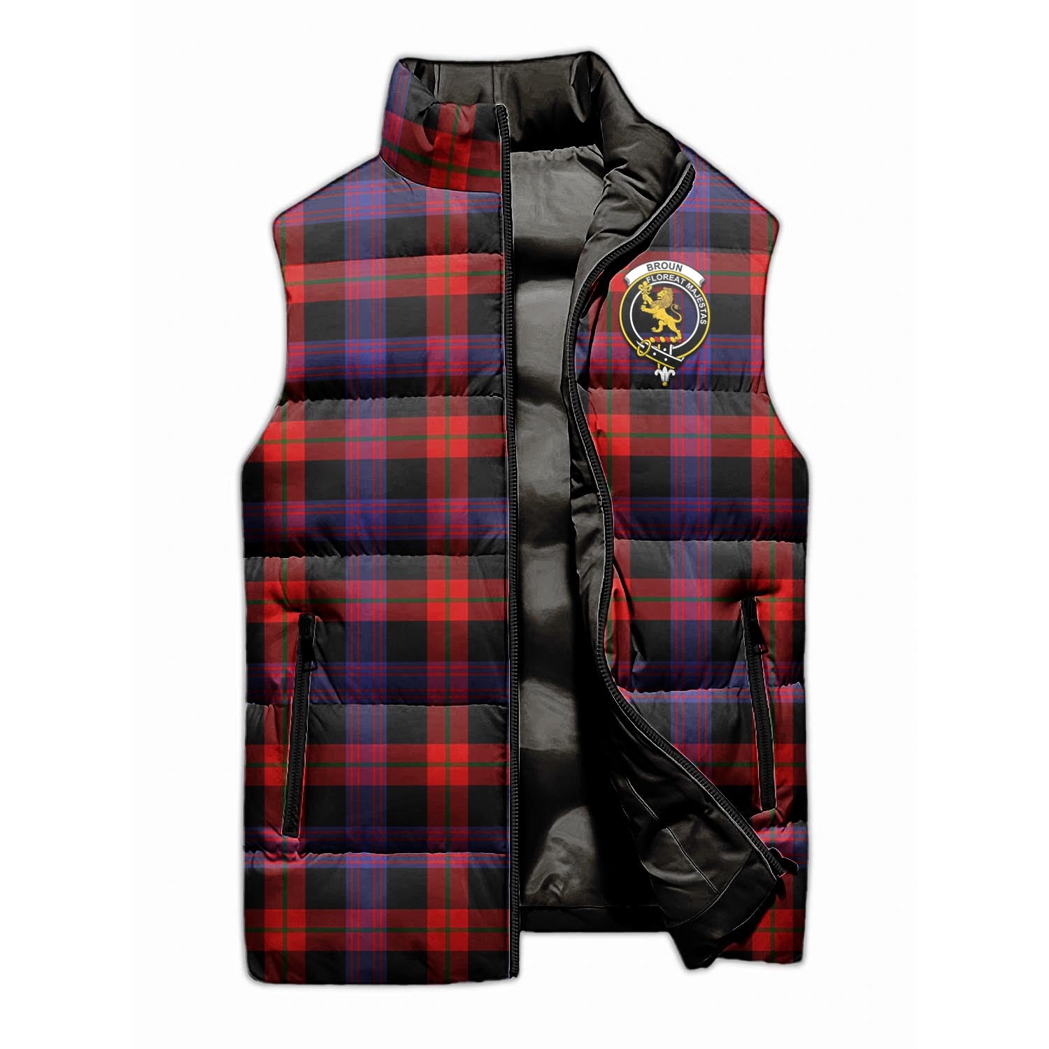 Broun Modern Tartan Sleeveless Puffer Jacket with Family Crest - Tartanvibesclothing