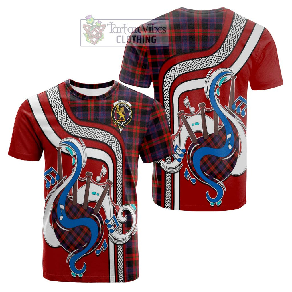 Tartan Vibes Clothing Broun Modern Tartan Cotton T-shirt with Epic Bagpipe Style