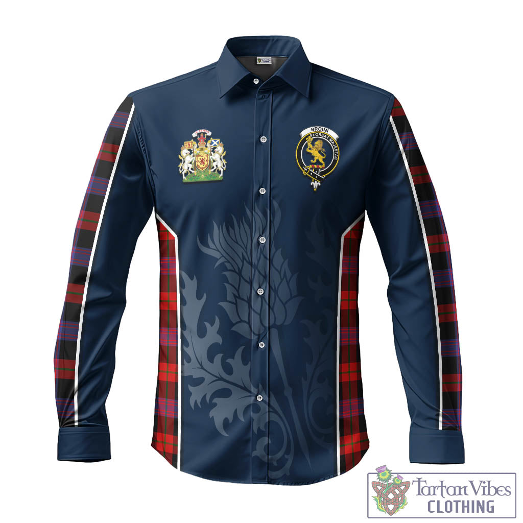 Tartan Vibes Clothing Broun Modern Tartan Long Sleeve Button Up Shirt with Family Crest and Scottish Thistle Vibes Sport Style