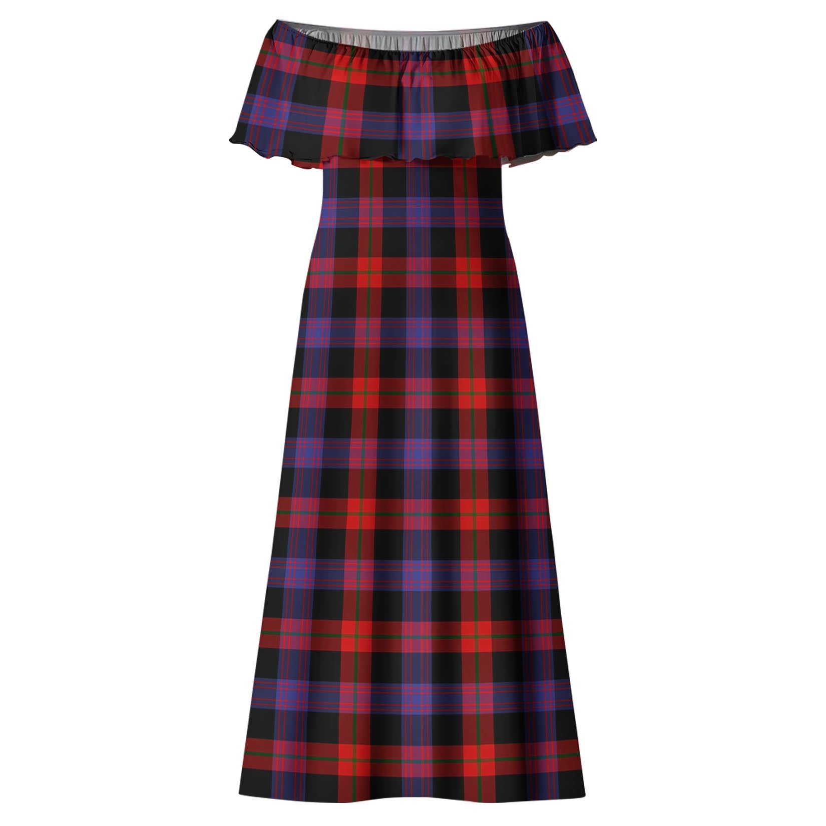 Broun Modern Tartan Off Shoulder Long Dress - Tartanvibesclothing