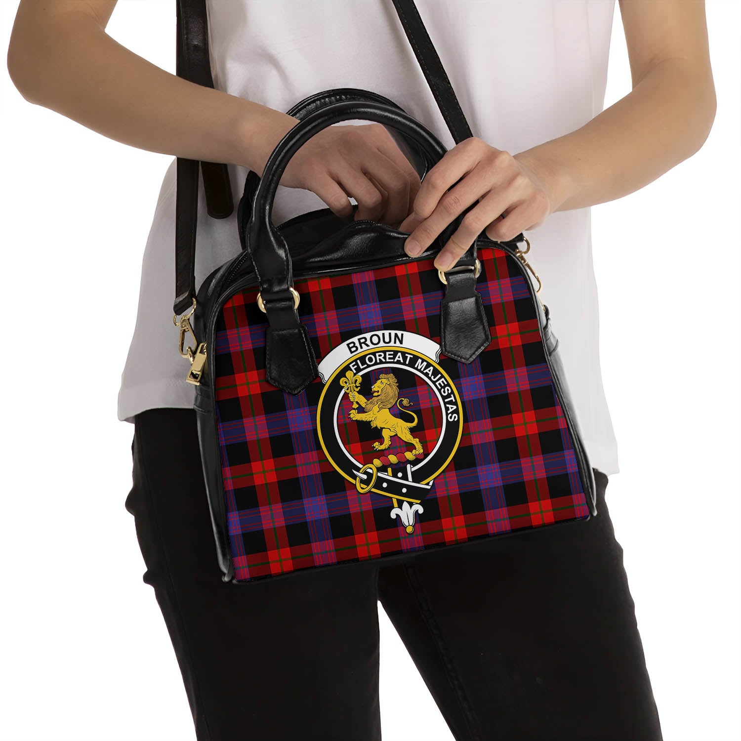 Broun Modern Tartan Shoulder Handbags with Family Crest - Tartanvibesclothing