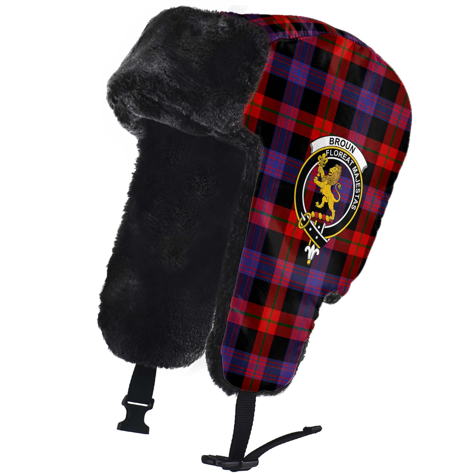 Broun Modern Tartan Winter Trapper Hat with Family Crest - Tartanvibesclothing