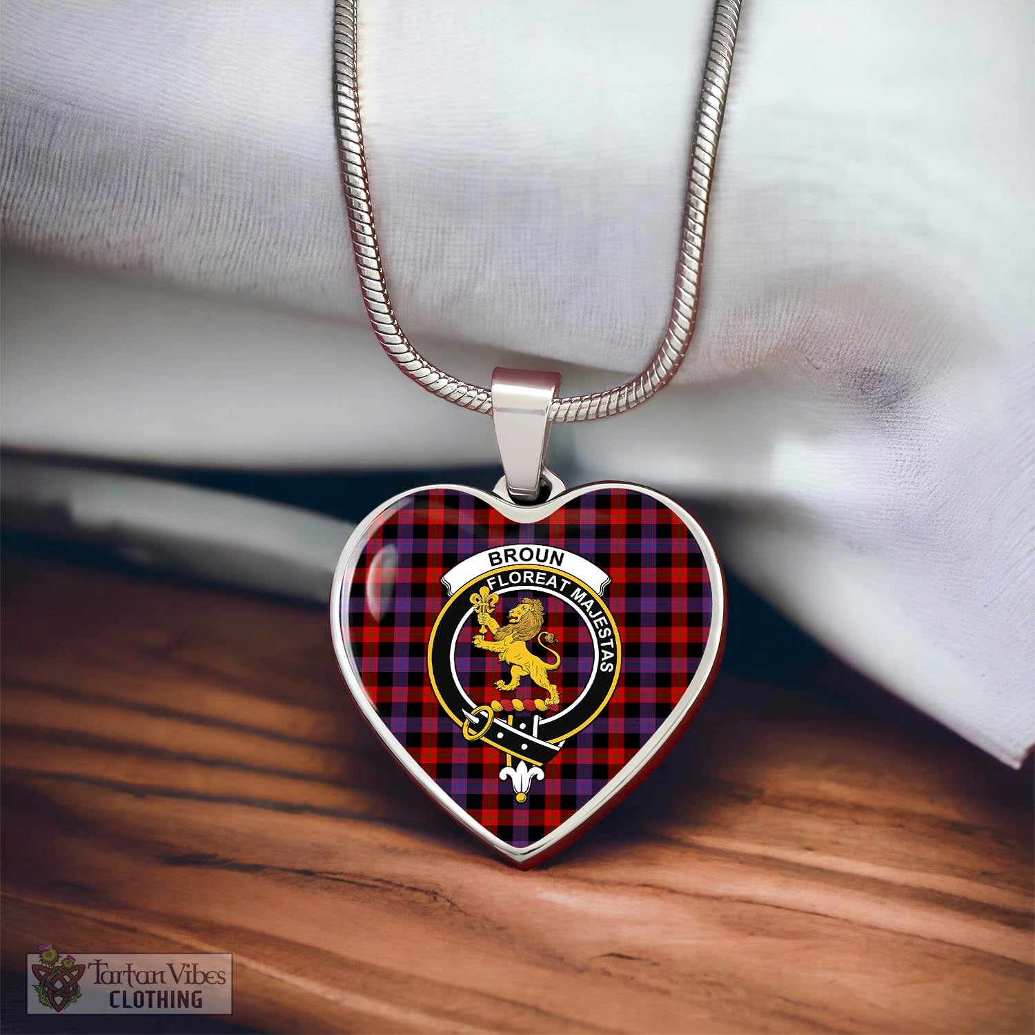 Tartan Vibes Clothing Broun Modern Tartan Heart Necklace with Family Crest