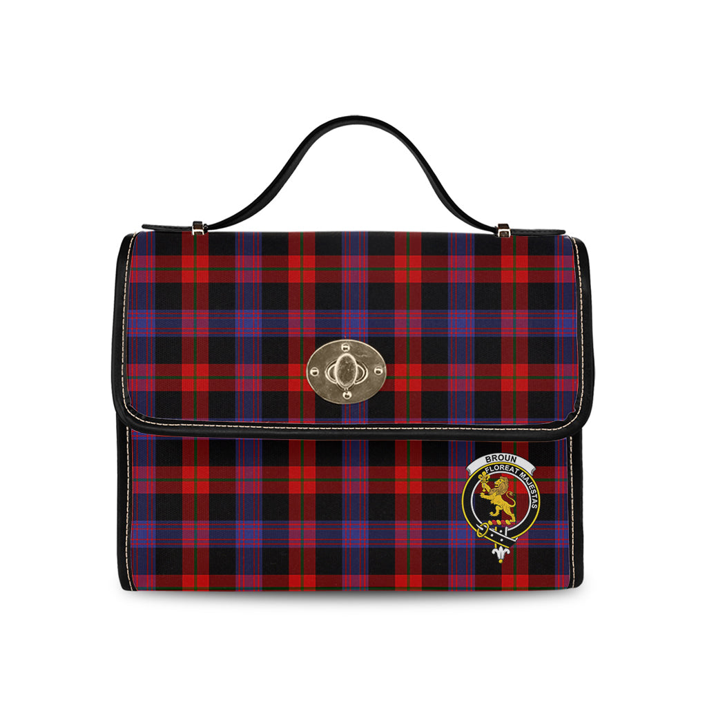 Broun Modern Tartan Leather Strap Waterproof Canvas Bag with Family Crest - Tartanvibesclothing