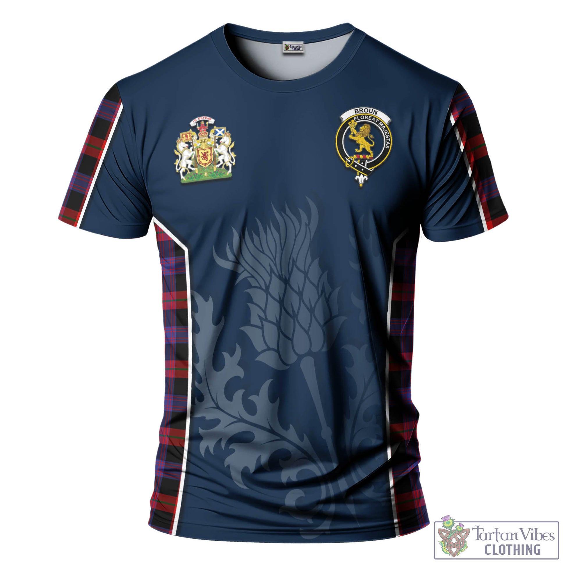 Tartan Vibes Clothing Broun Modern Tartan T-Shirt with Family Crest and Scottish Thistle Vibes Sport Style