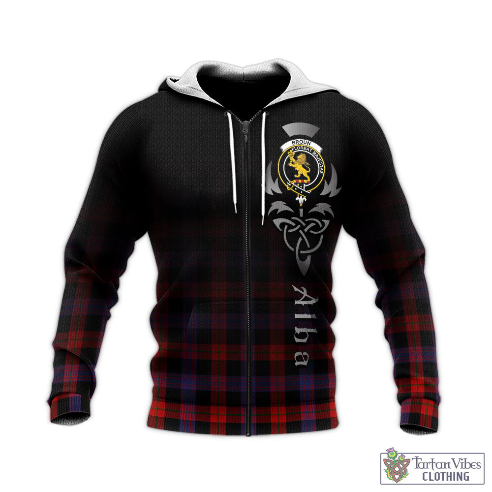 Tartan Vibes Clothing Broun Modern Tartan Knitted Hoodie Featuring Alba Gu Brath Family Crest Celtic Inspired