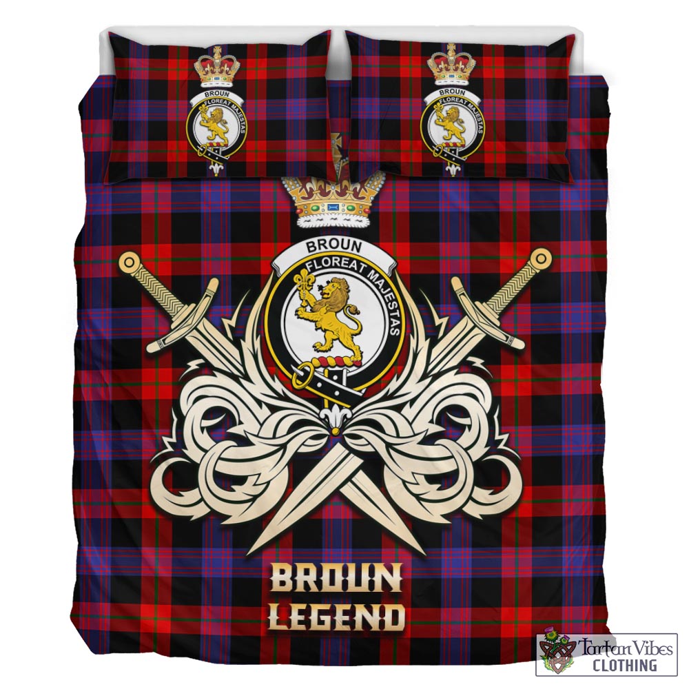 Tartan Vibes Clothing Broun Modern Tartan Bedding Set with Clan Crest and the Golden Sword of Courageous Legacy