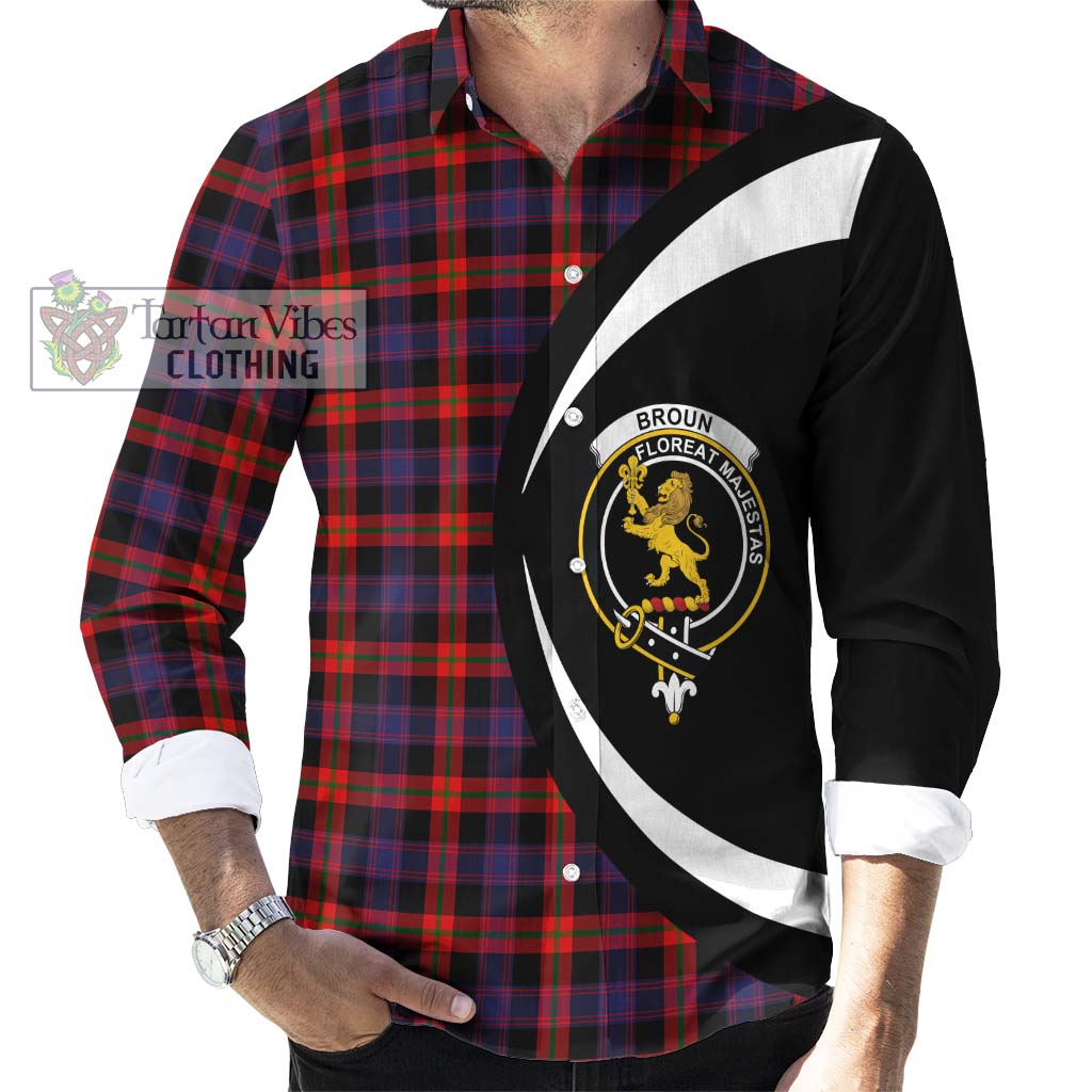 Broun Modern Tartan Long Sleeve Button Up with Family Crest Circle Style - Tartan Vibes Clothing