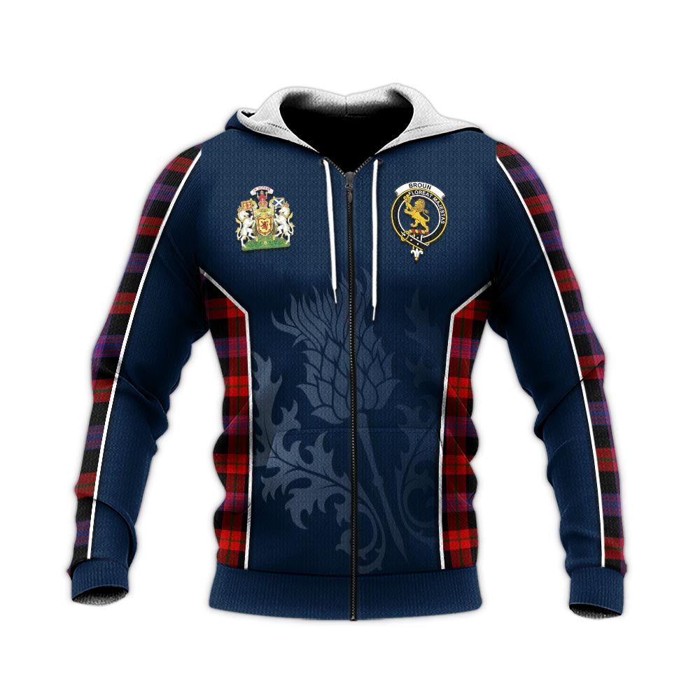 Tartan Vibes Clothing Broun Modern Tartan Knitted Hoodie with Family Crest and Scottish Thistle Vibes Sport Style