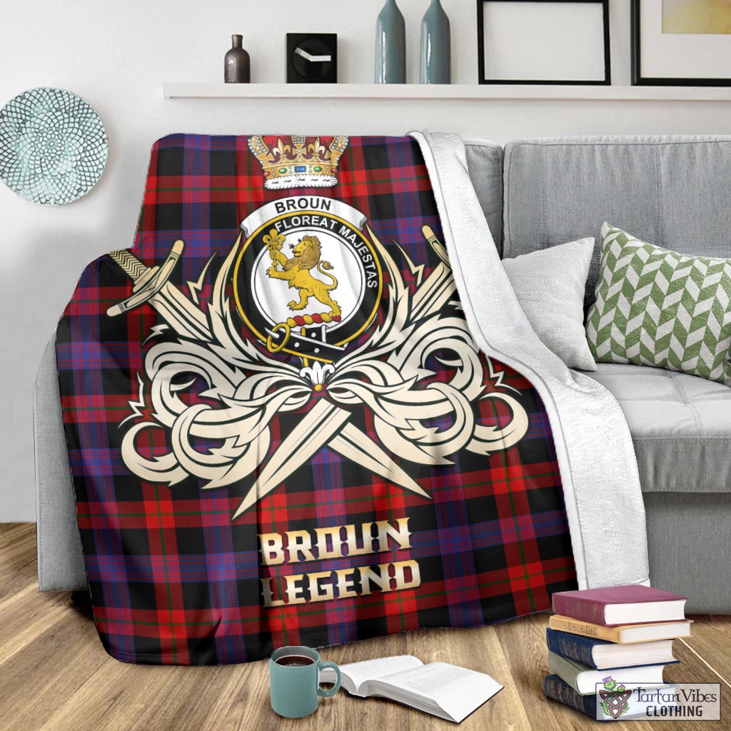 Tartan Vibes Clothing Broun Modern Tartan Blanket with Clan Crest and the Golden Sword of Courageous Legacy