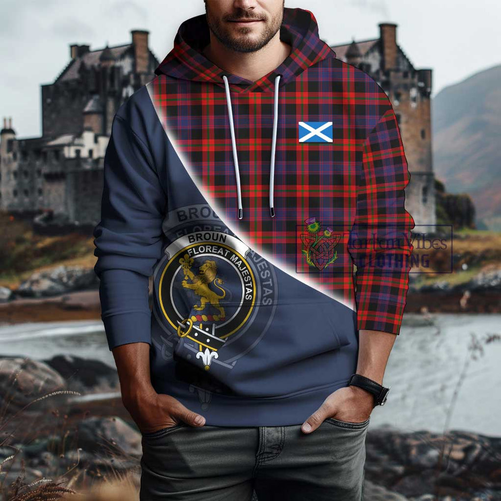 Broun Modern Tartan Hoodie with Personalised National Flag and Family Crest Half Style - Tartanvibesclothing Shop