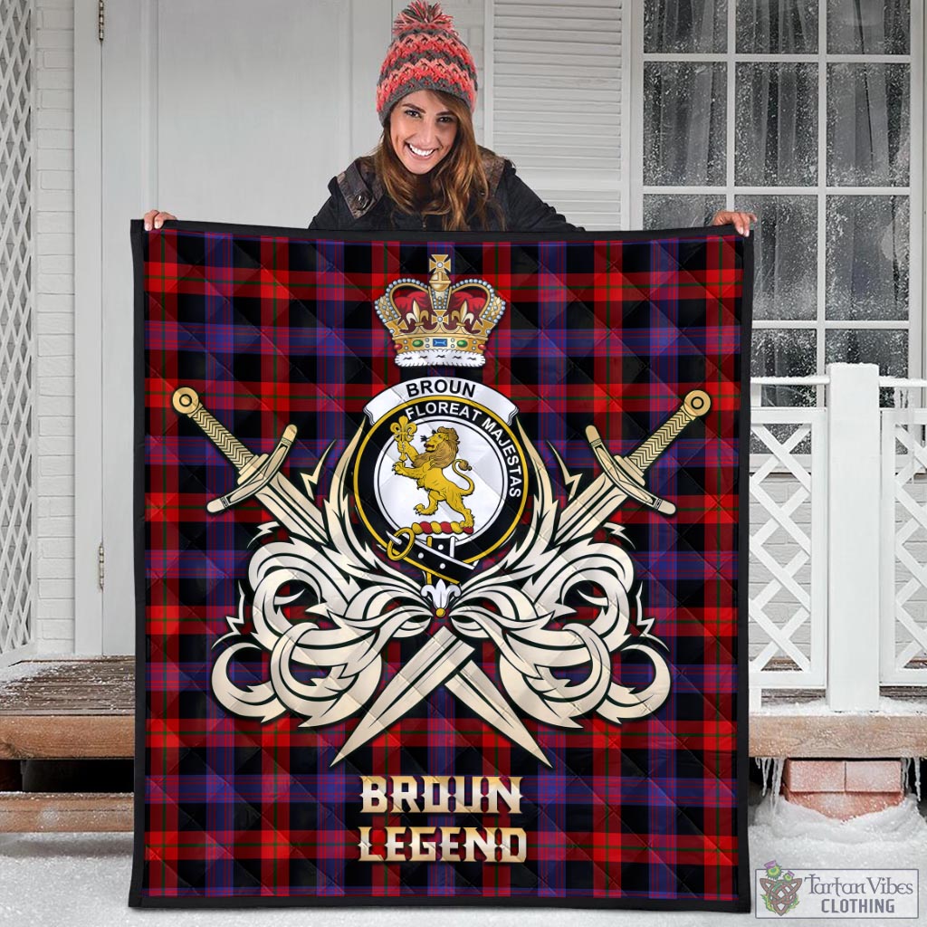 Tartan Vibes Clothing Broun Modern Tartan Quilt with Clan Crest and the Golden Sword of Courageous Legacy