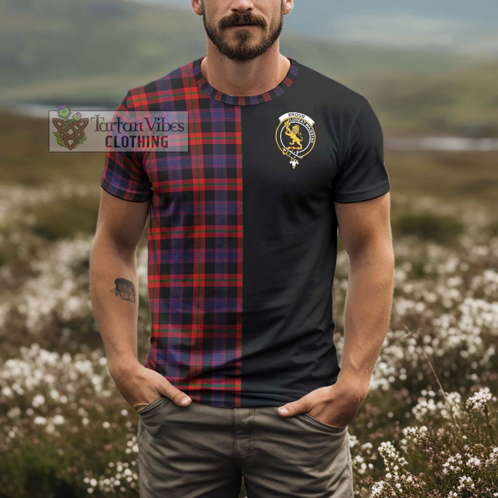 Broun Modern Tartan T-Shirt with Family Crest and Half Of Me Style - Tartanvibesclothing Shop