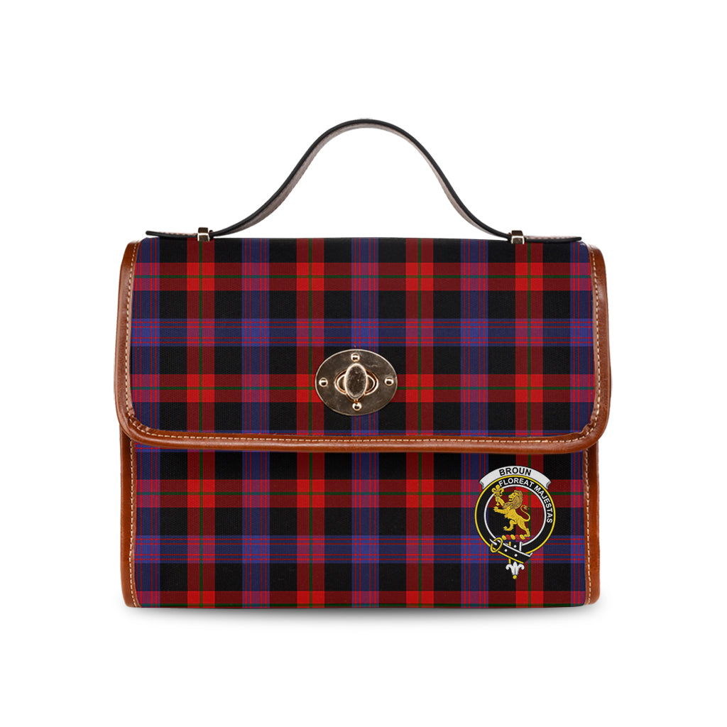 Broun Modern Tartan Leather Strap Waterproof Canvas Bag with Family Crest - Tartanvibesclothing