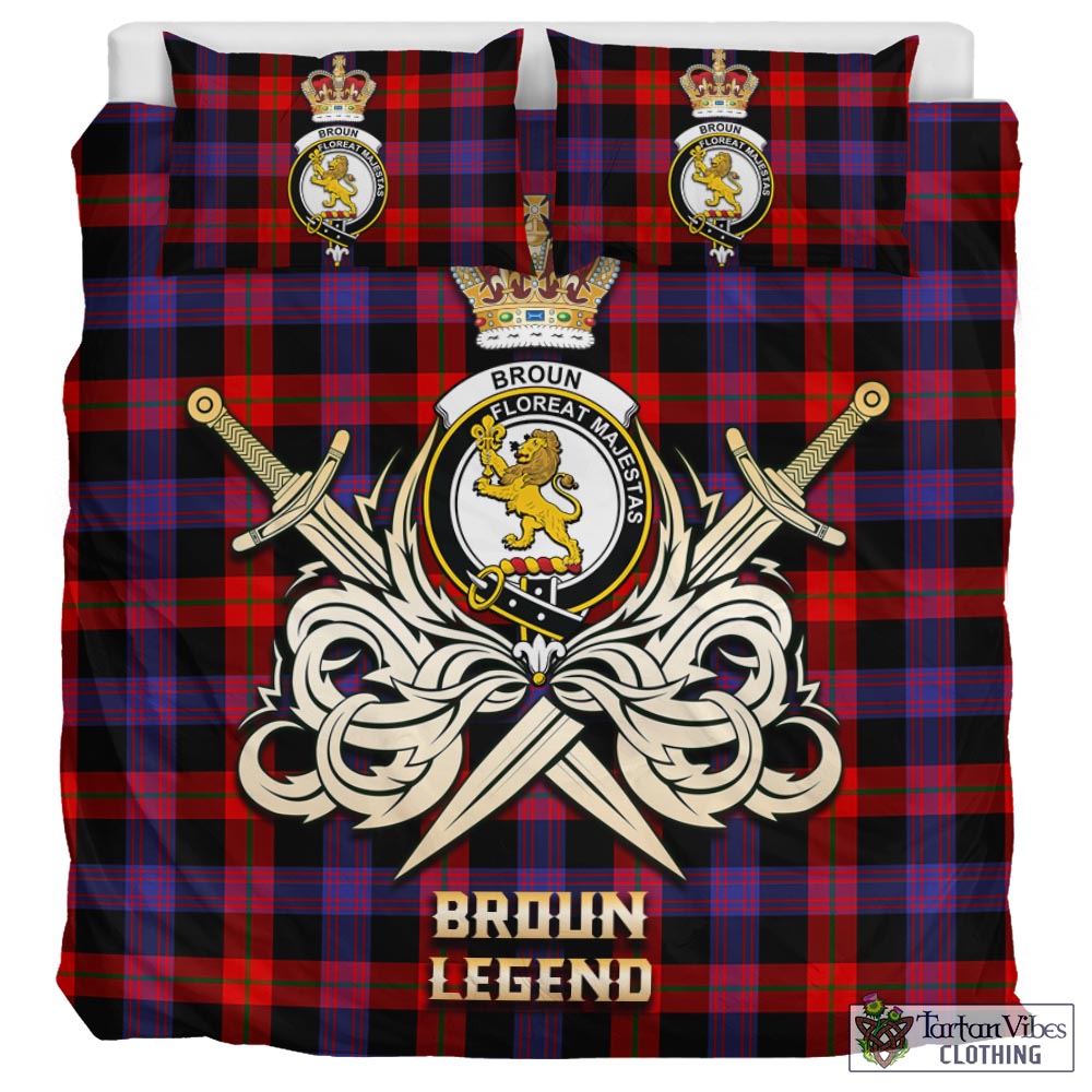 Tartan Vibes Clothing Broun Modern Tartan Bedding Set with Clan Crest and the Golden Sword of Courageous Legacy