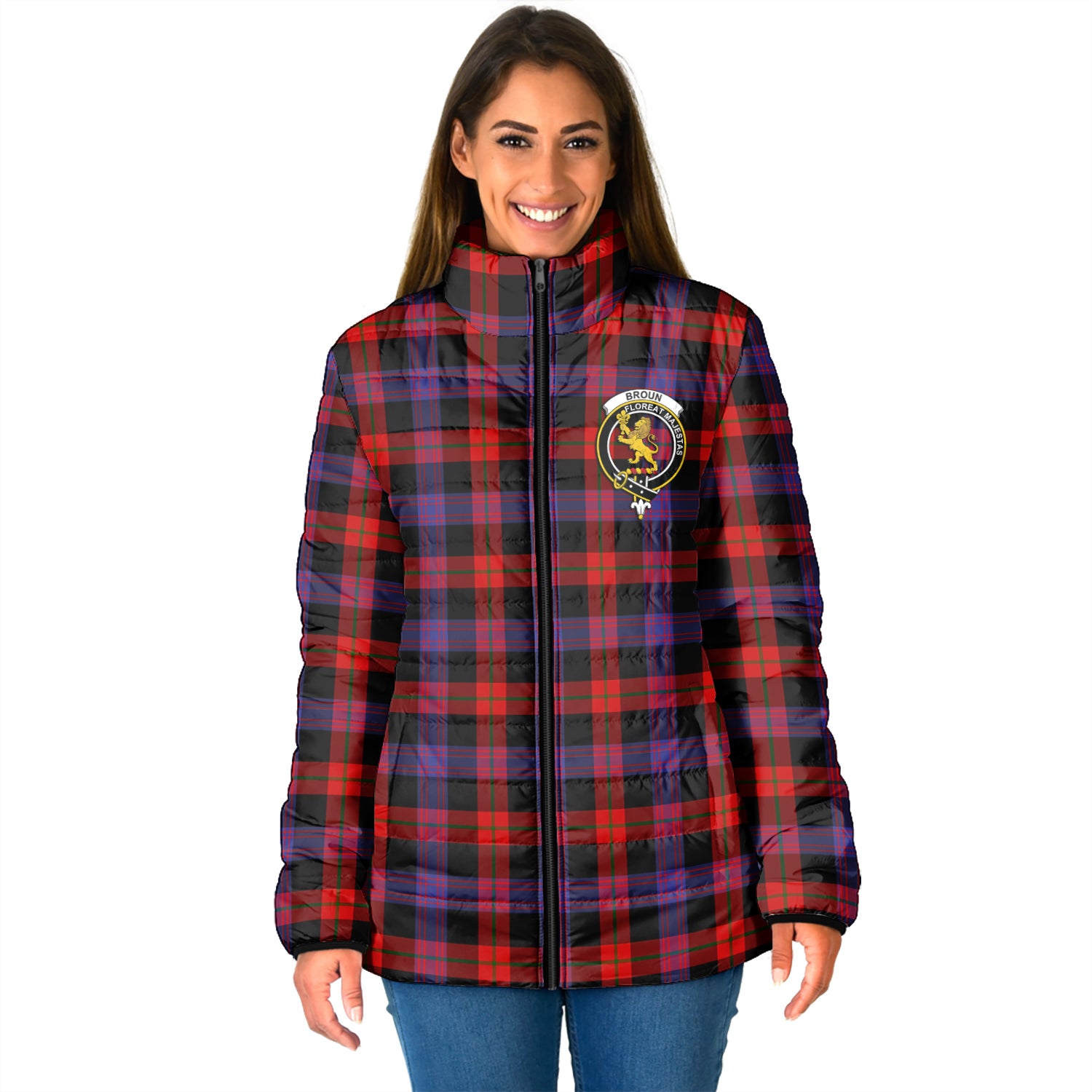 Broun Modern Tartan Padded Jacket with Family Crest - Tartan Vibes Clothing