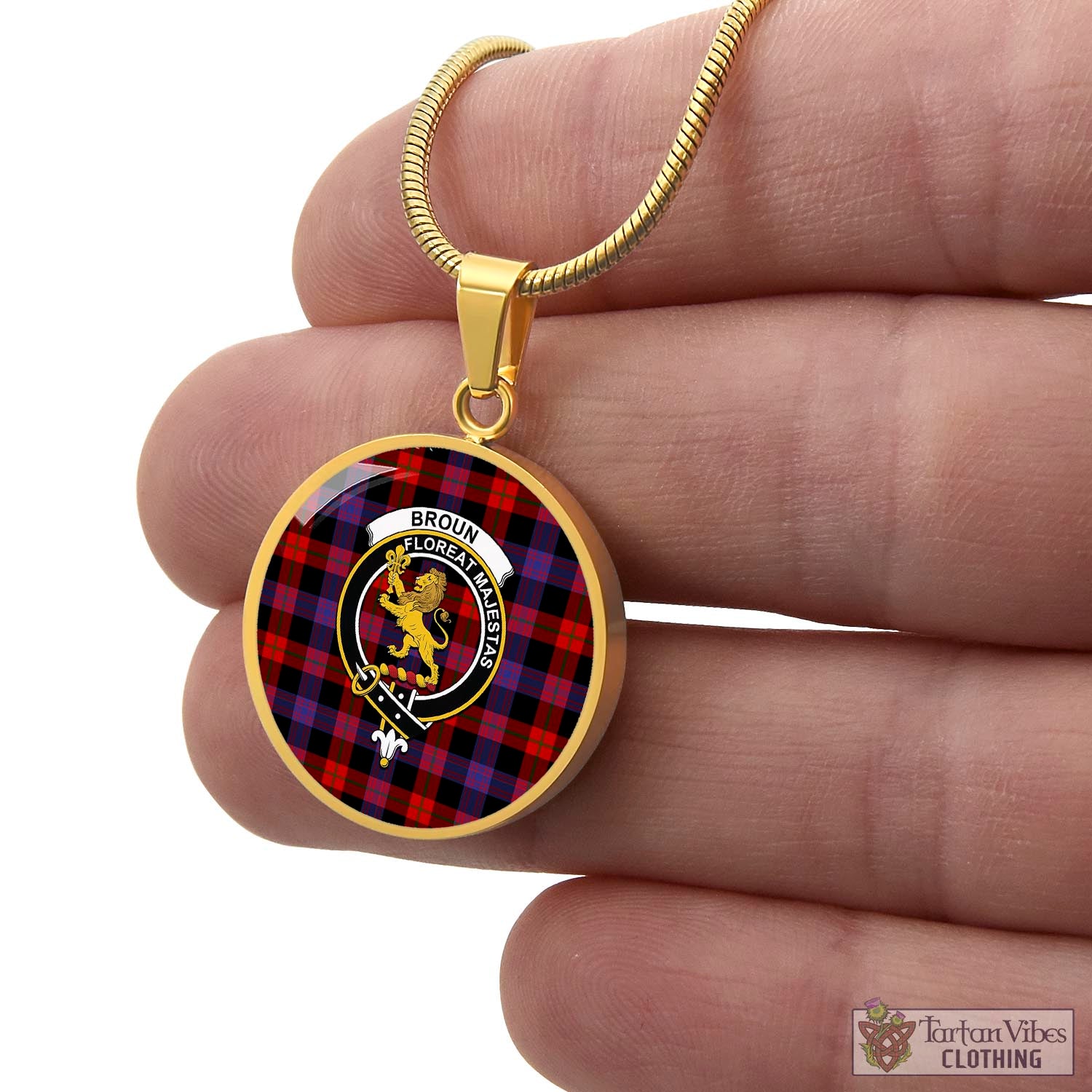 Tartan Vibes Clothing Broun Modern Tartan Circle Necklace with Family Crest