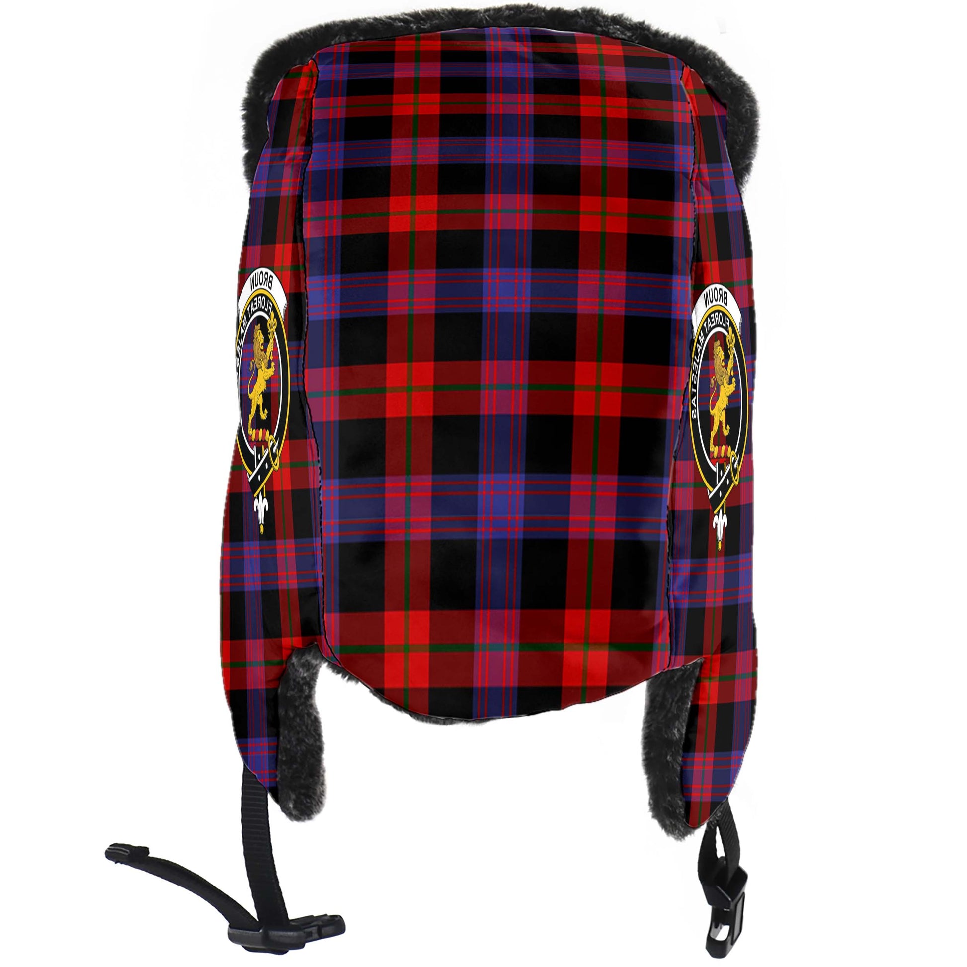 Broun Modern Tartan Winter Trapper Hat with Family Crest - Tartanvibesclothing