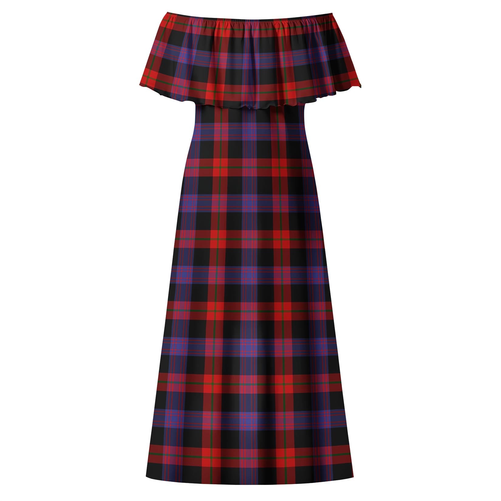 Broun Modern Tartan Off Shoulder Long Dress - Tartanvibesclothing