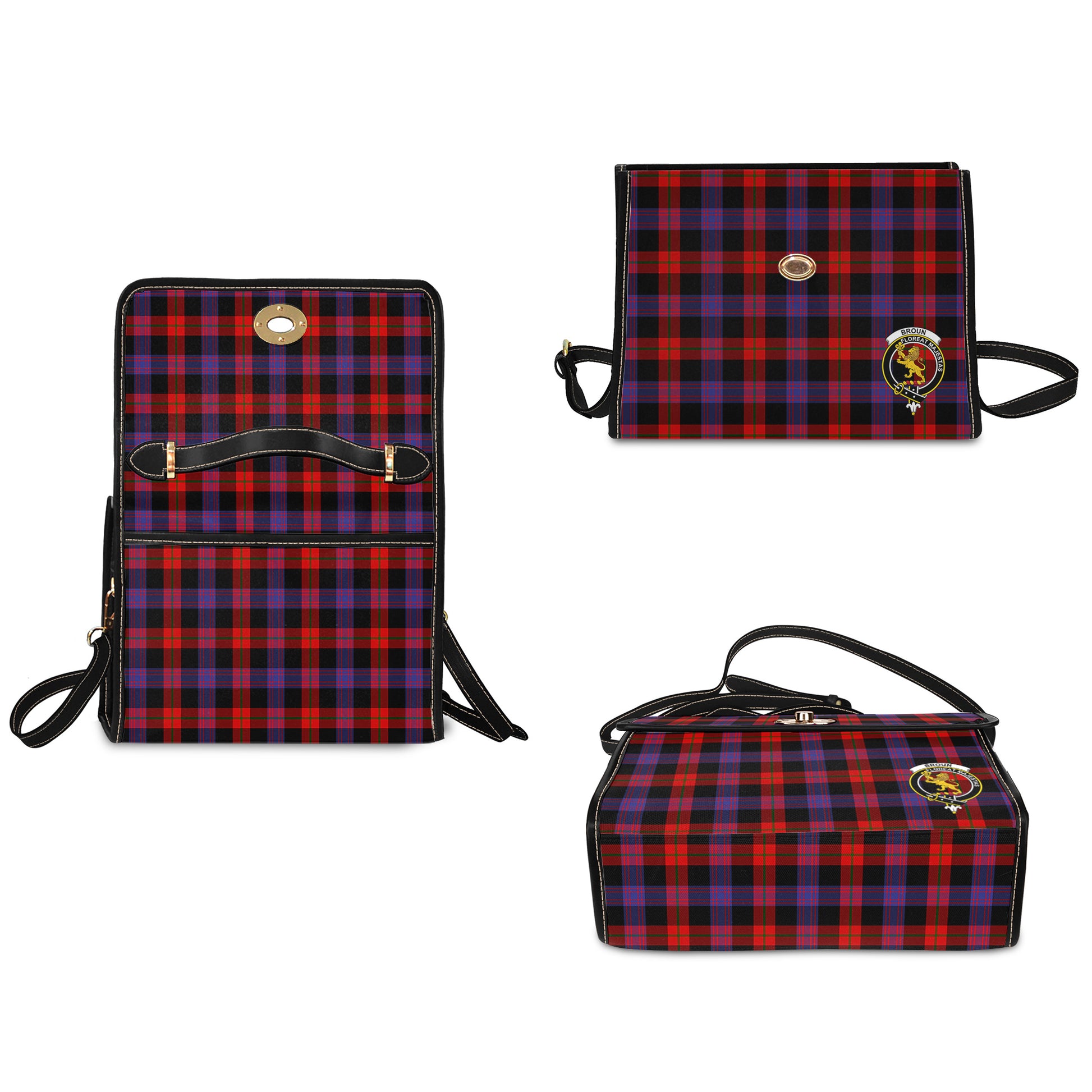 Broun Modern Tartan Leather Strap Waterproof Canvas Bag with Family Crest - Tartanvibesclothing