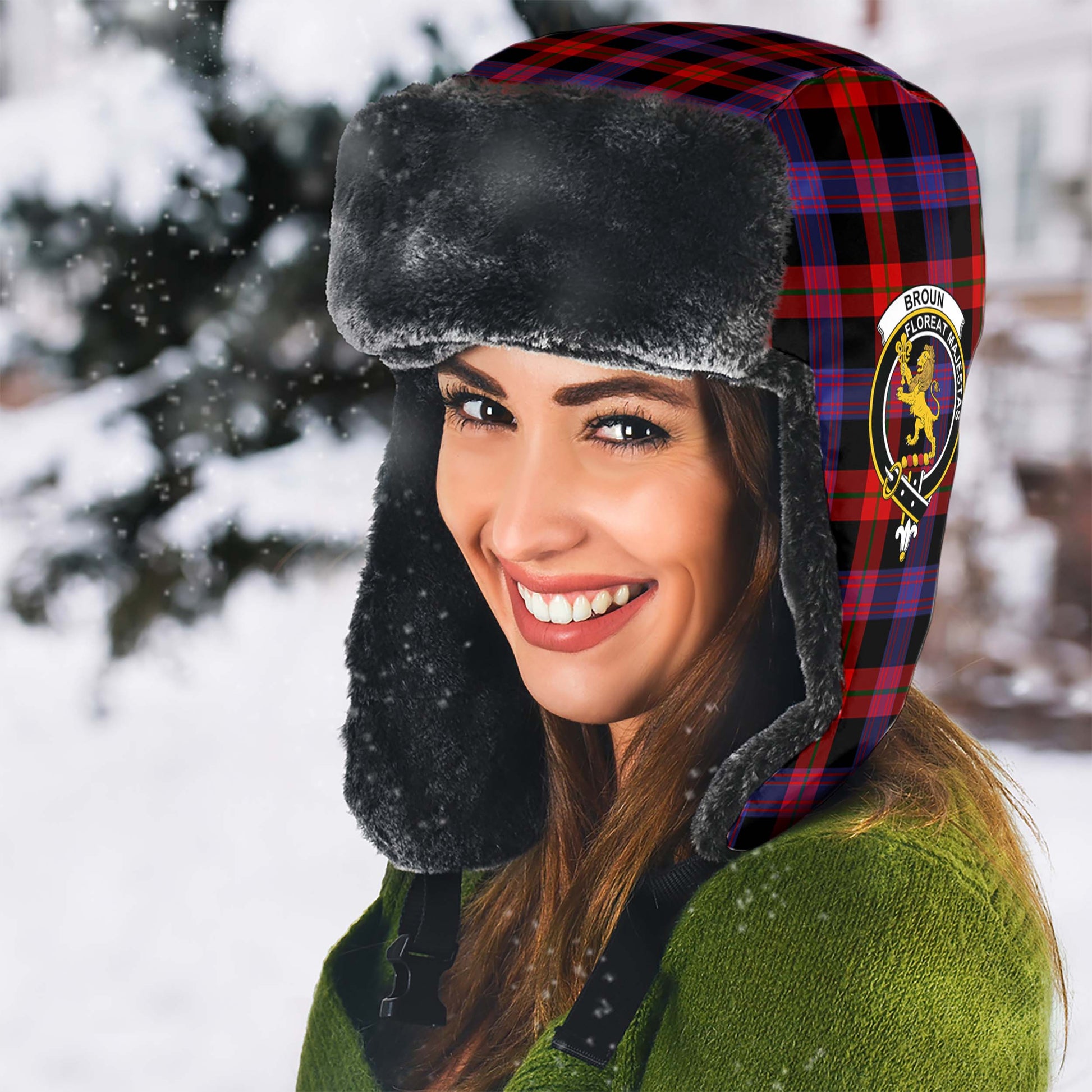 Broun Modern Tartan Winter Trapper Hat with Family Crest - Tartanvibesclothing