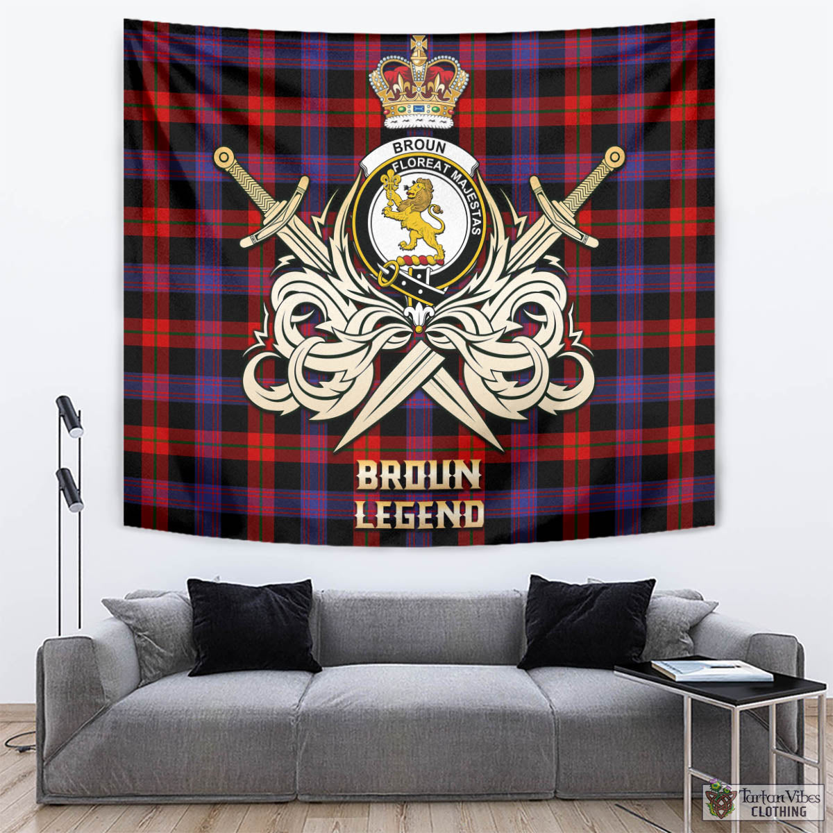 Tartan Vibes Clothing Broun Modern Tartan Tapestry with Clan Crest and the Golden Sword of Courageous Legacy