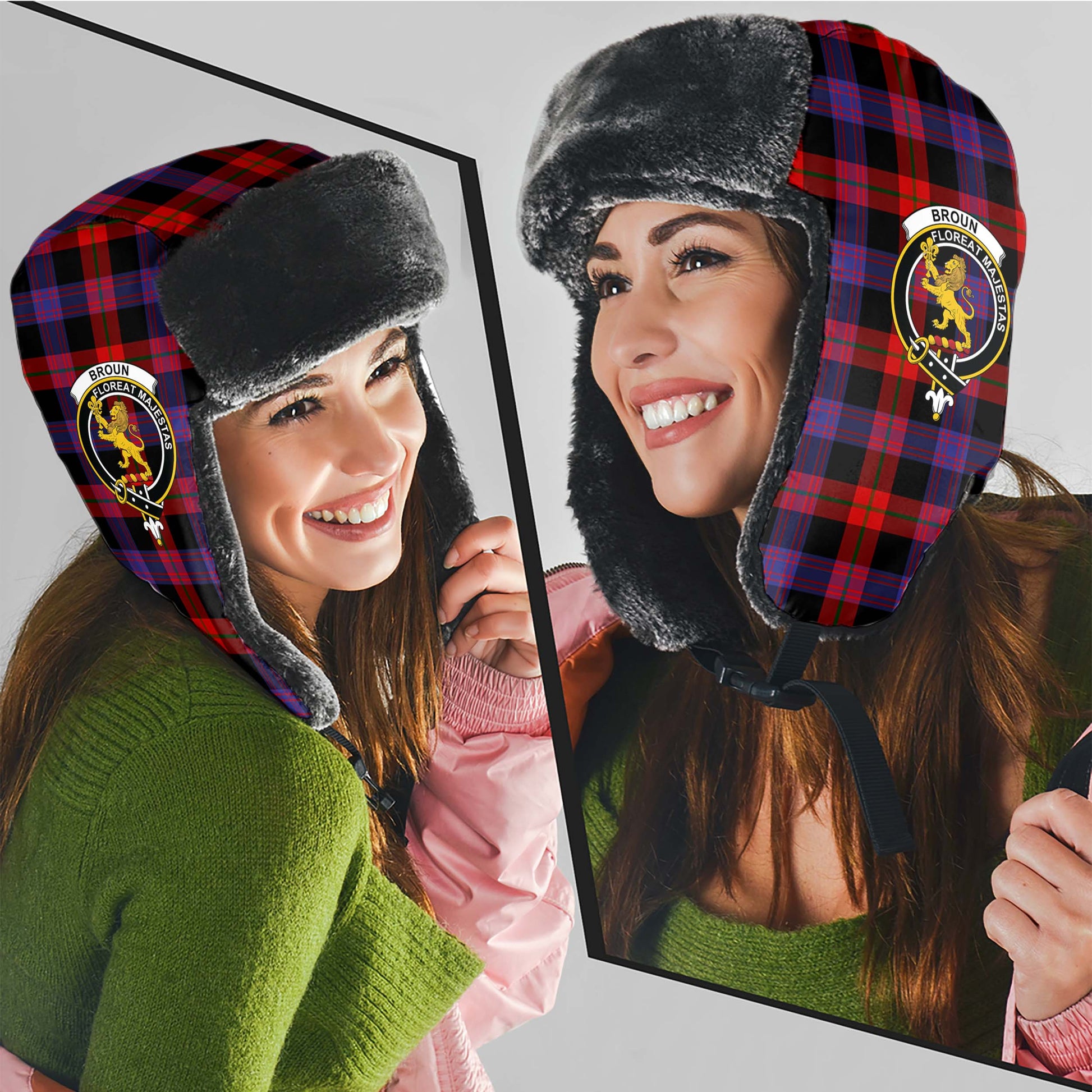 Broun Modern Tartan Winter Trapper Hat with Family Crest - Tartanvibesclothing