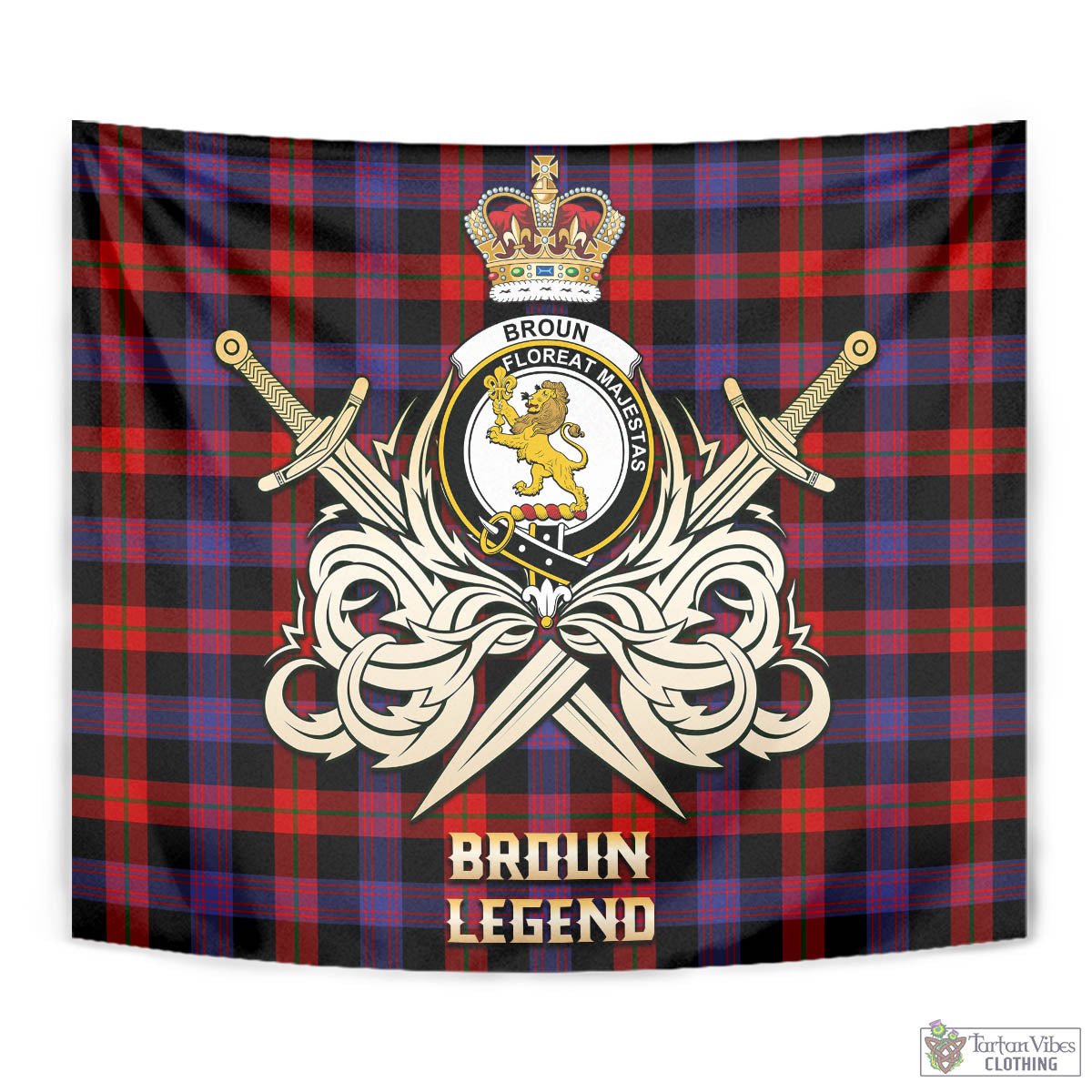 Tartan Vibes Clothing Broun Modern Tartan Tapestry with Clan Crest and the Golden Sword of Courageous Legacy