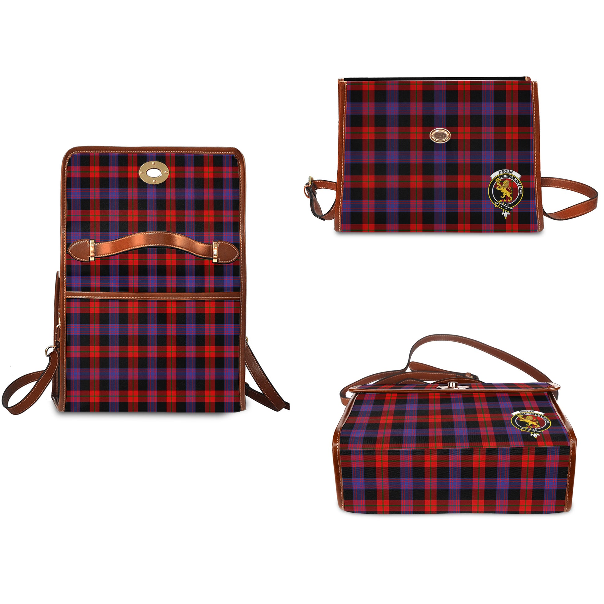 Broun Modern Tartan Leather Strap Waterproof Canvas Bag with Family Crest - Tartanvibesclothing