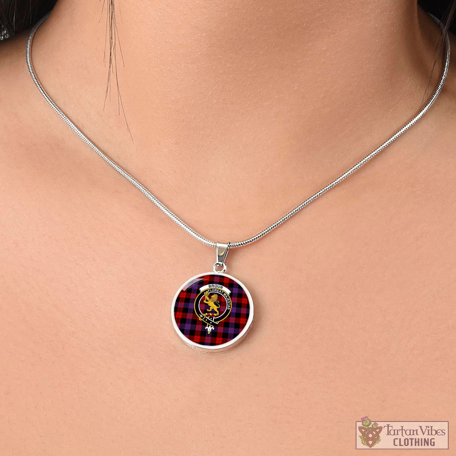 Tartan Vibes Clothing Broun Modern Tartan Circle Necklace with Family Crest