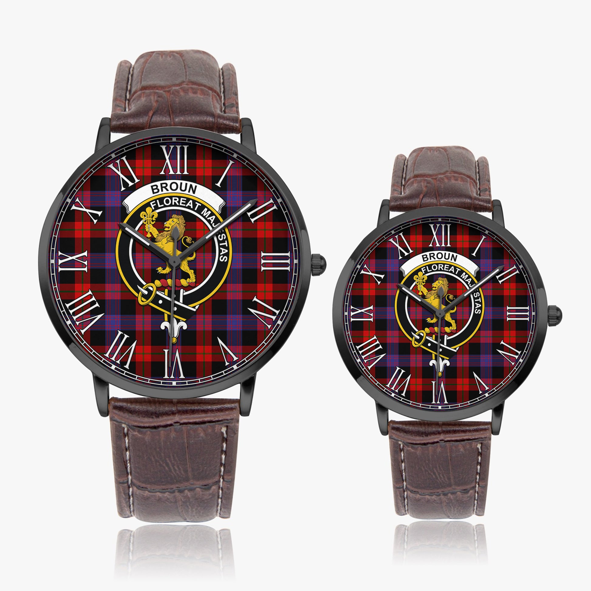 Broun Modern Tartan Family Crest Leather Strap Quartz Watch - Tartanvibesclothing