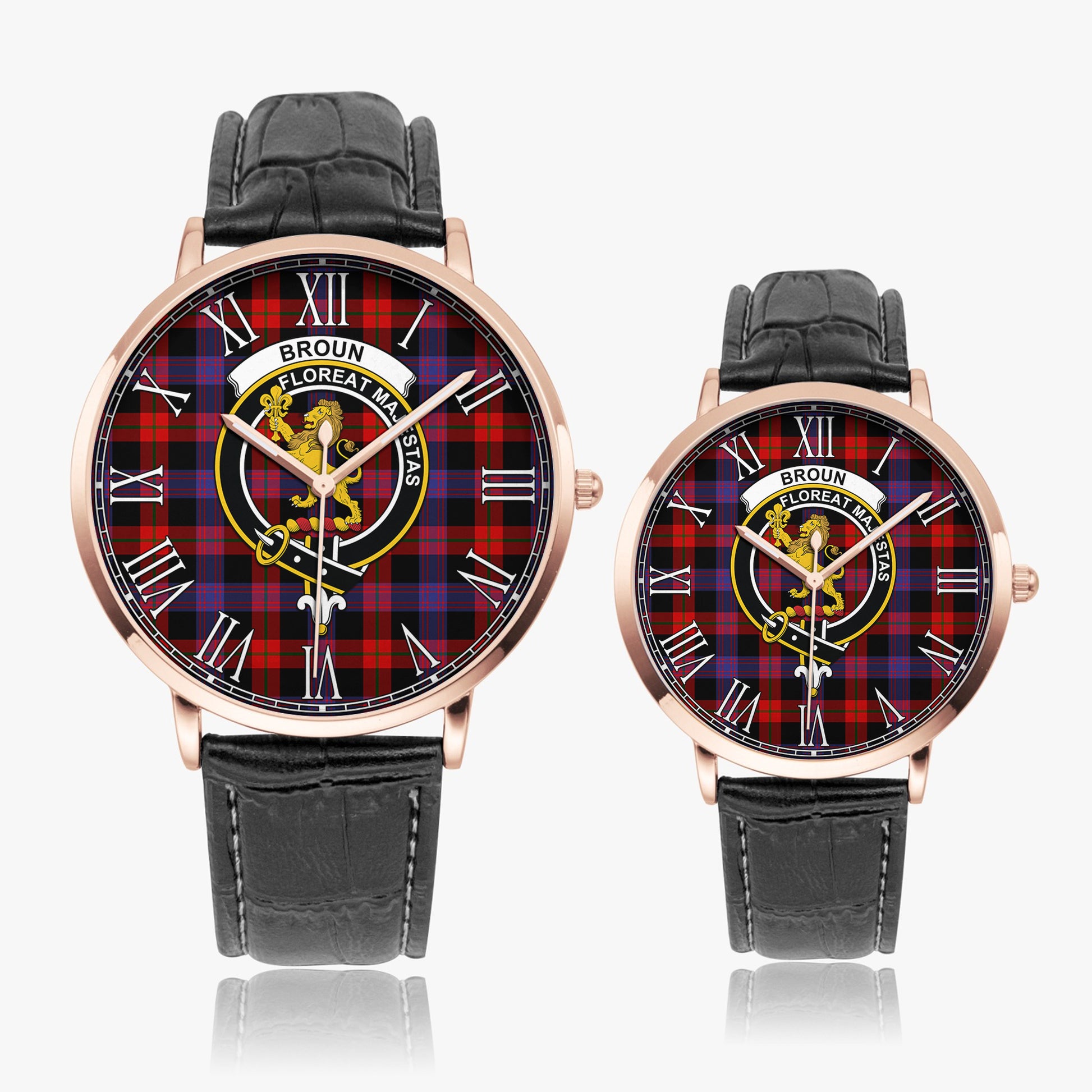 Broun Modern Tartan Family Crest Leather Strap Quartz Watch - Tartanvibesclothing