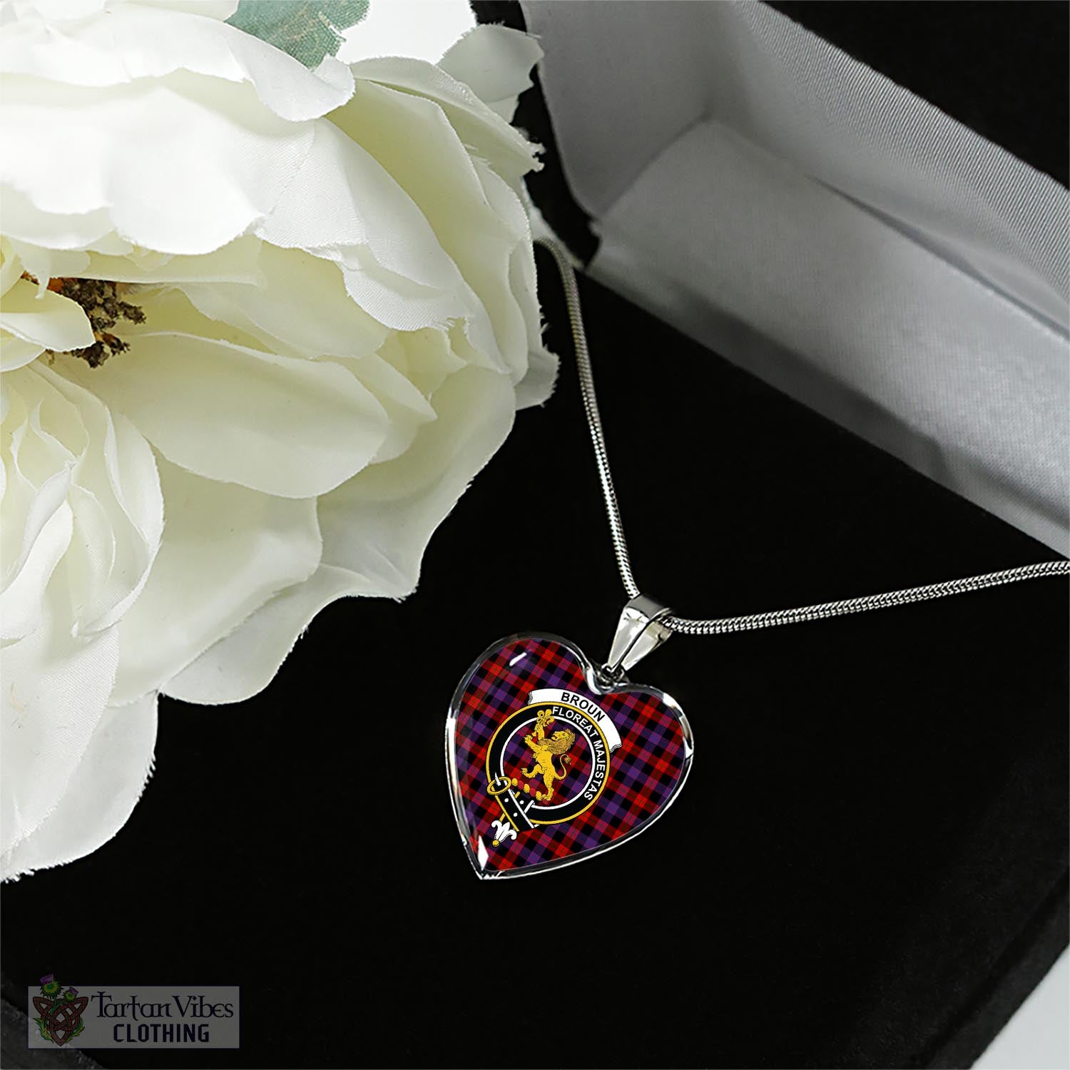 Tartan Vibes Clothing Broun Modern Tartan Heart Necklace with Family Crest