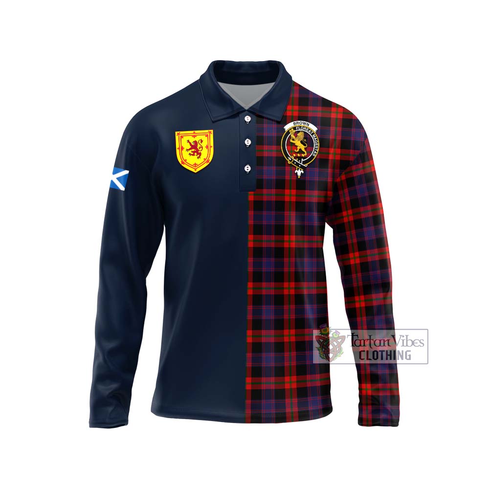 Brown (Broun) Tartan Long Sleeve Polo Shirt Alba with Scottish Lion Royal Arm Half Style Unisex - Tartan Vibes Clothing
