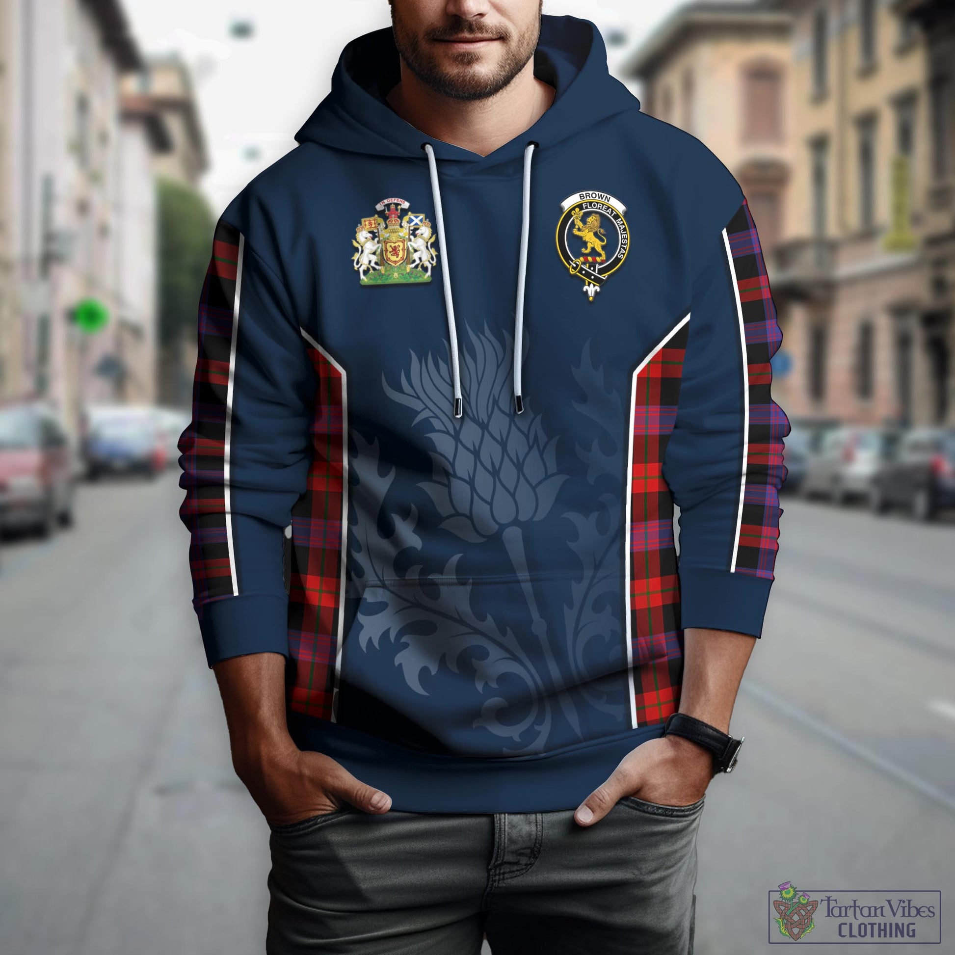 Tartan Vibes Clothing Brown Tartan Hoodie with Family Crest and Scottish Thistle Vibes Sport Style