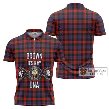 Brown (Broun) Tartan Zipper Polo Shirt with Family Crest DNA In Me Style Unisex - Tartan Vibes Clothing