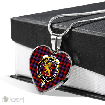 Brown (Broun) Tartan Heart Necklace with Family Crest Luxury Necklace (Silver) No - Tartan Vibes Clothing